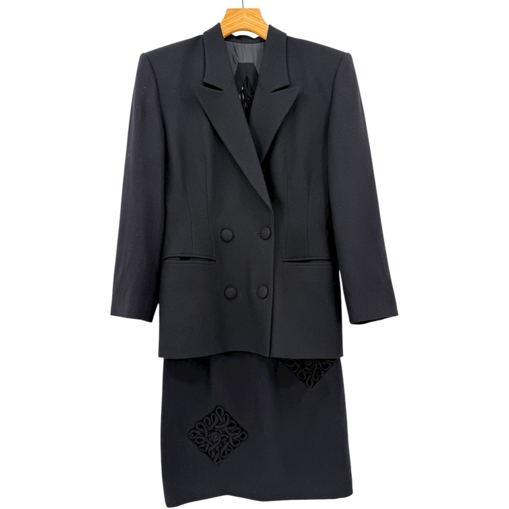 Vintage M. Yoko Japan Wool Geometic Pattern Cut Out Blazer Skirt Set Black M